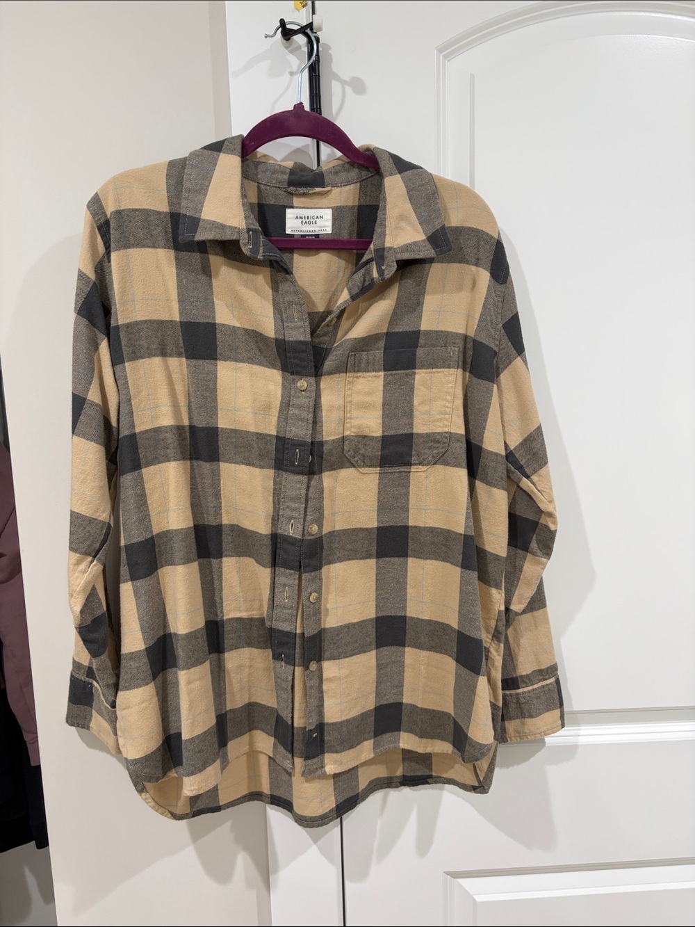 American Eagle Outfitters Beige and Black Plaid Button-Down Shirt